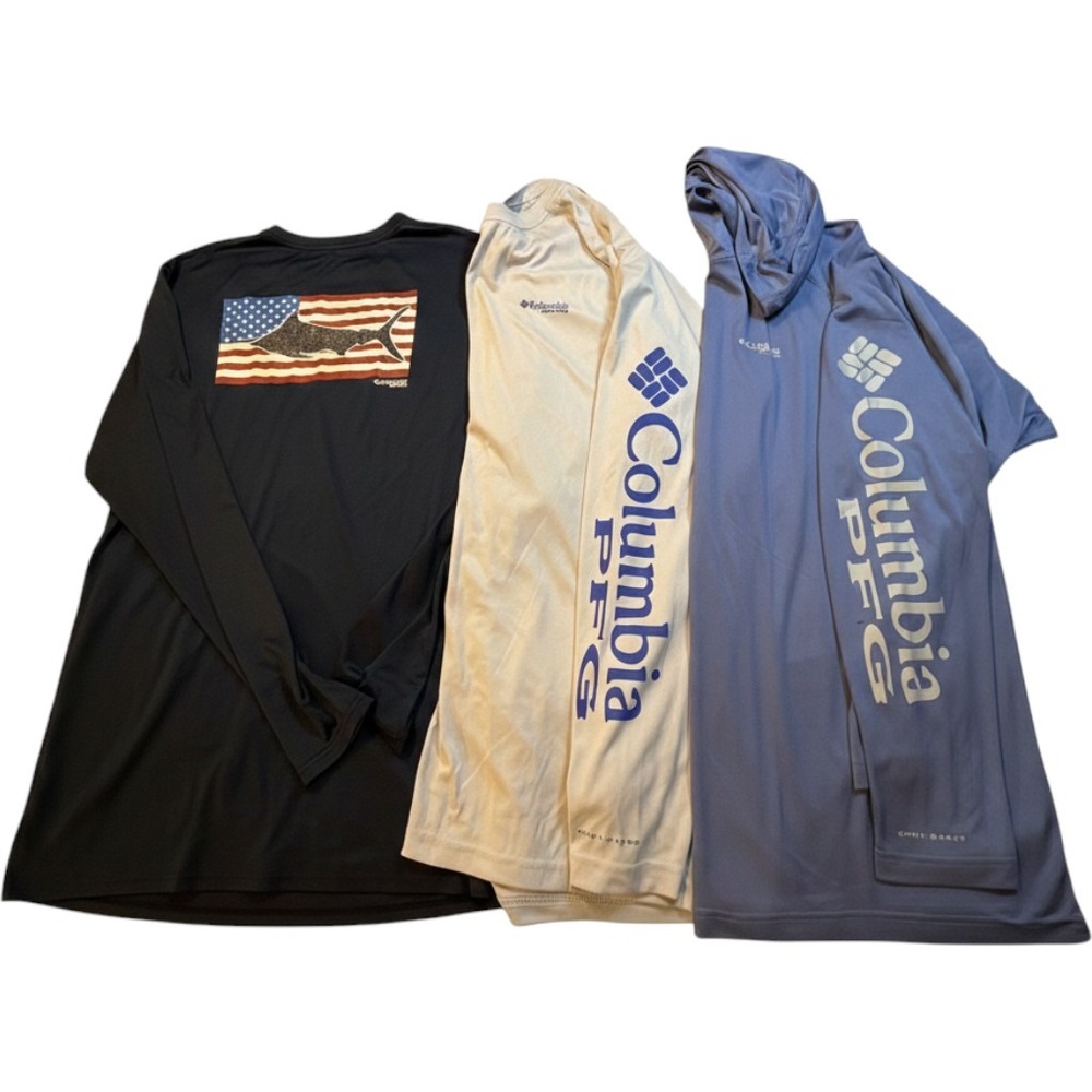 Lot of 3 Columbia PFG Men Long Sleeve Performance Fishing Shirts Hoodie XXL 2XT